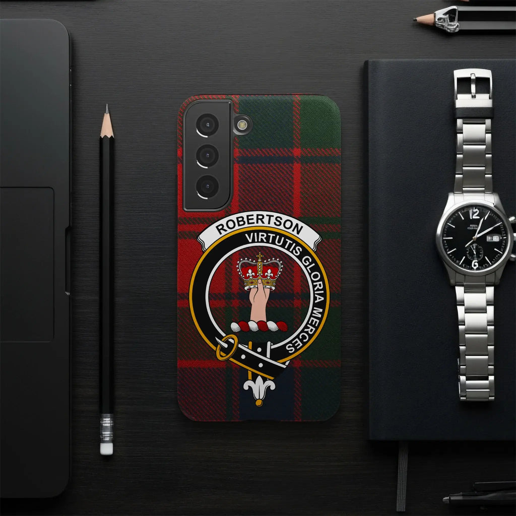 Robertson virtutis gloria merces crest phone case — red tartan, Samsung variant