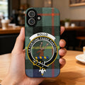 Clan Rollo tartan phone case — full 3D wrap with La Fortune Passe Partout stag crest, glossy finish