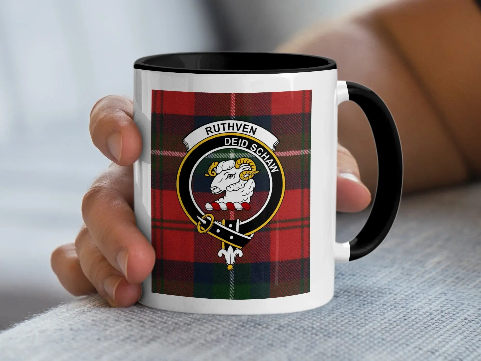 Clan Ruthven mug in navy — 15oz ceramic with deid schaw crest print