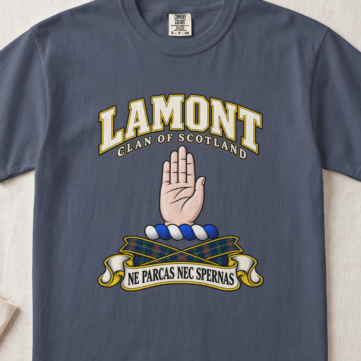 Lamont Scottish clan T-shirt in Midnight, front view with a raised open hand and motto banner.