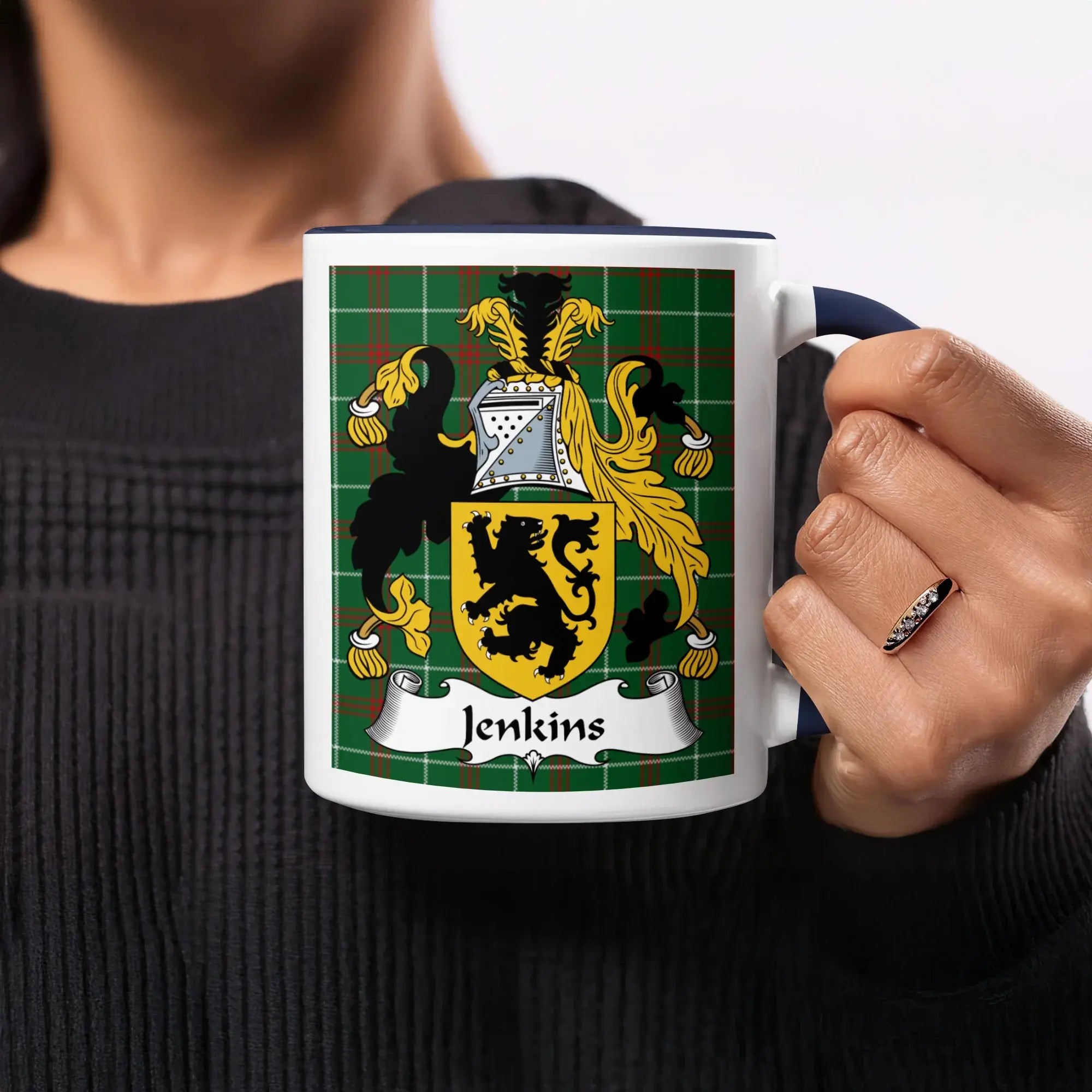 Jenkins Welsh ancestry gift mug with navy accent and family crest on green tartan