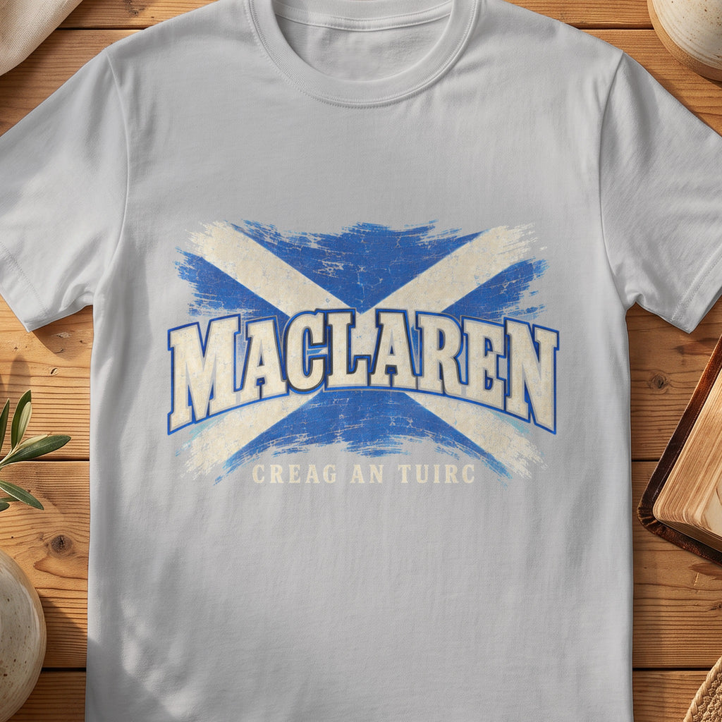 MacLaren Scottish Saltire T-shirt in Sport Grey, with distressed blue and cream flag and “Creag an Tuirc” lettering.