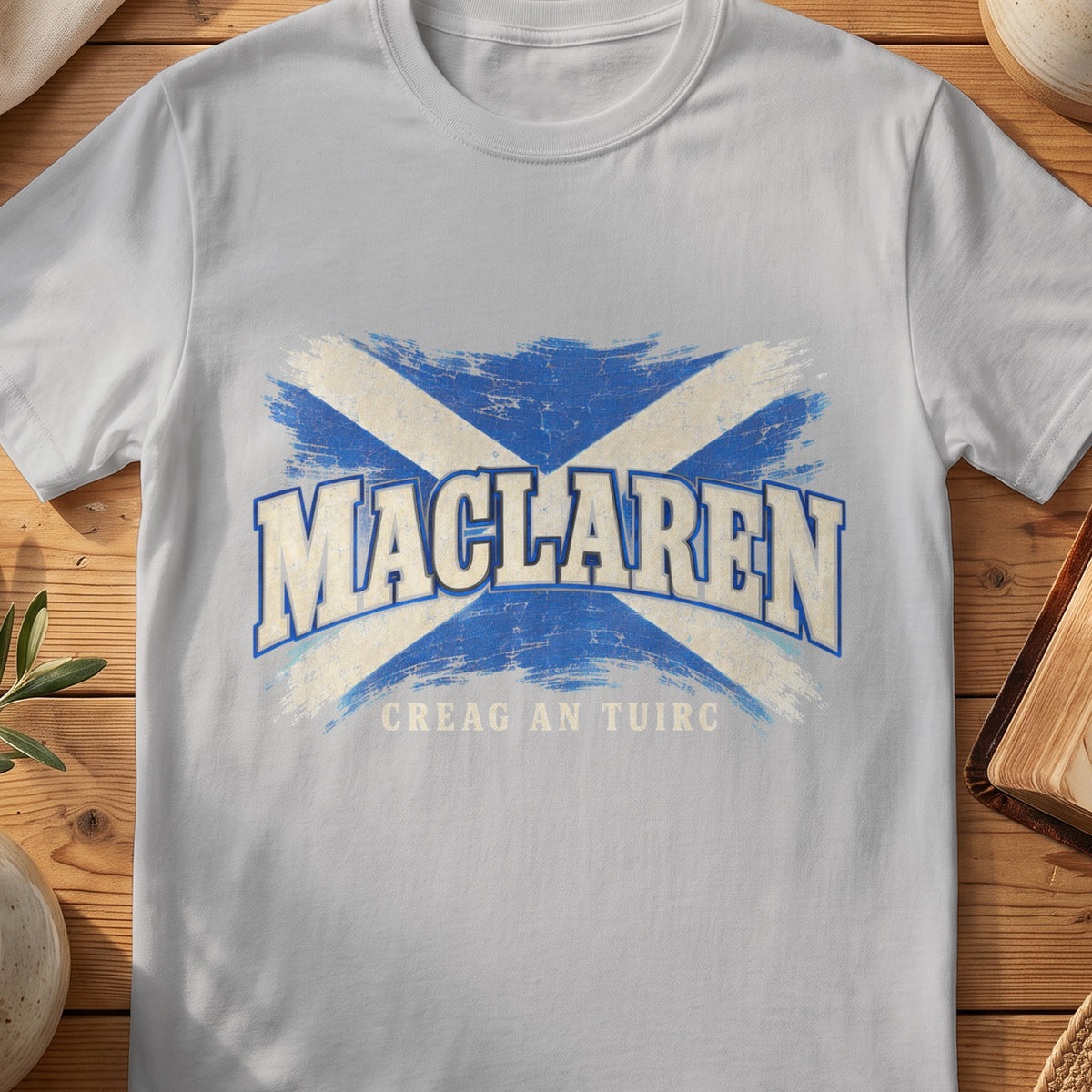 MacLaren Scottish Saltire T-shirt in Sport Grey, with distressed blue and cream flag and “Creag an Tuirc” lettering.