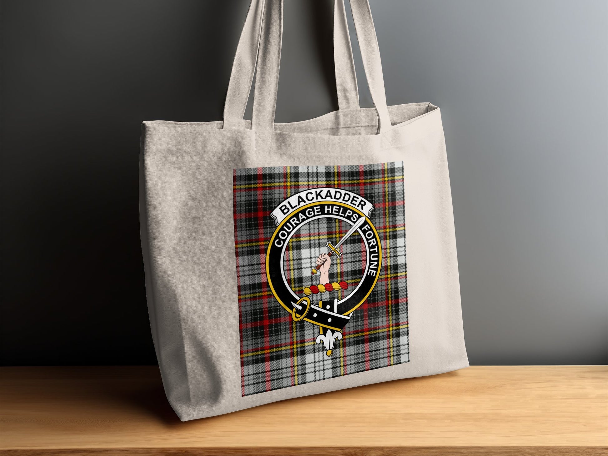 Blackadder Clan Crest on Tartan Background Tote Bag - Living Stone Gifts