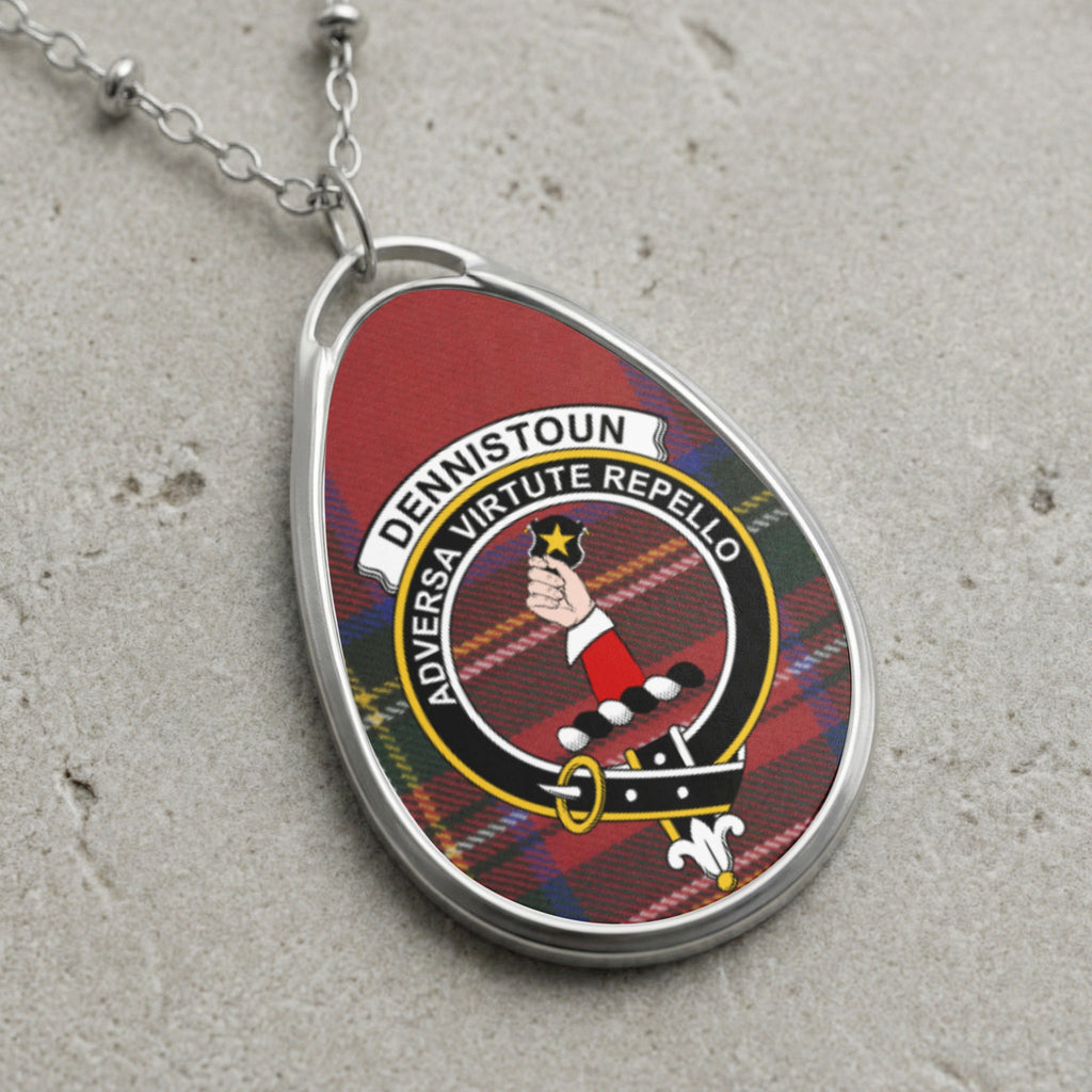 Dennistoun clan Scottish tartan necklace with clan crest on tartan background