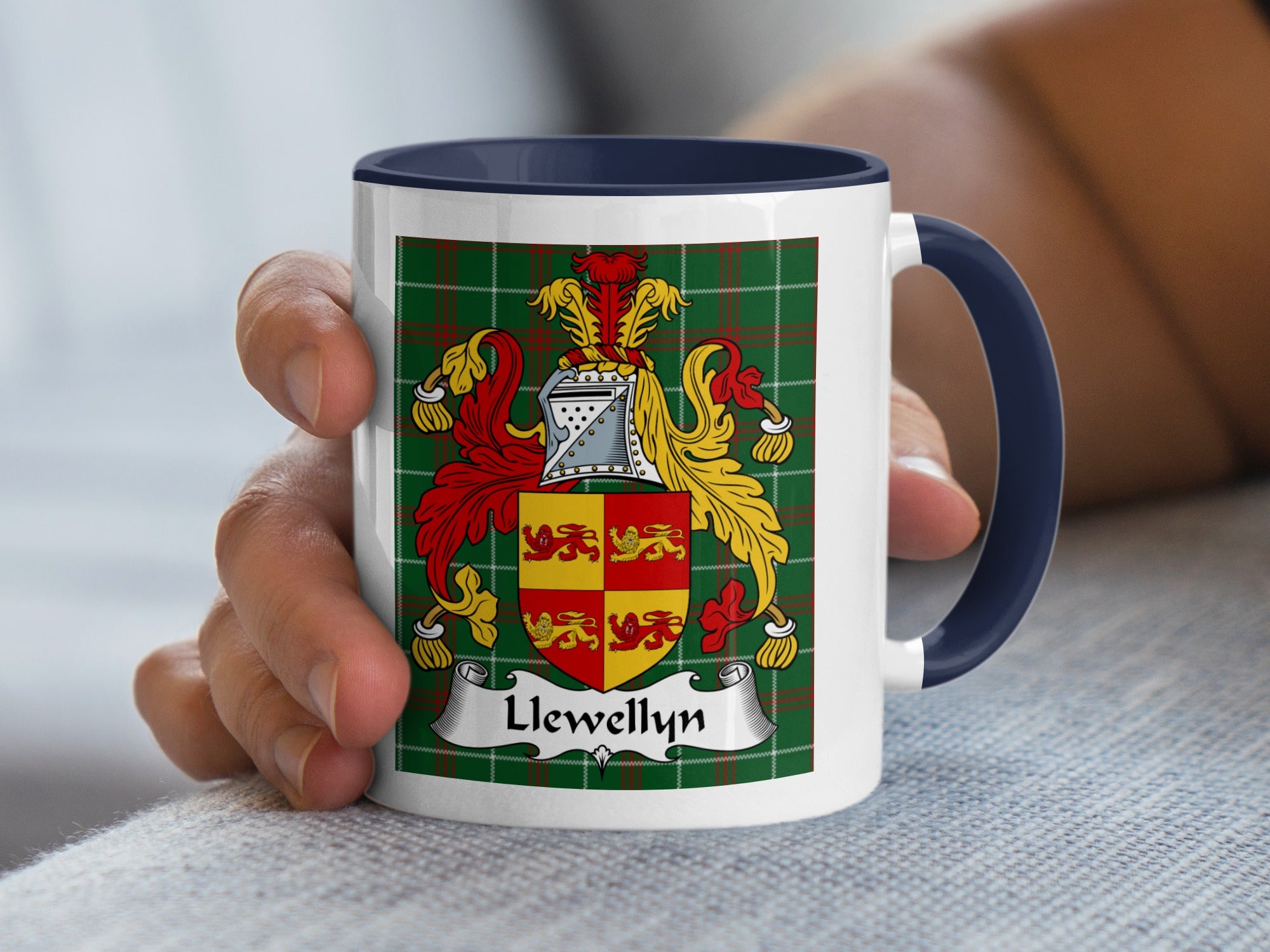 Llewellyn Welsh family crest mug with navy accent and tartan background