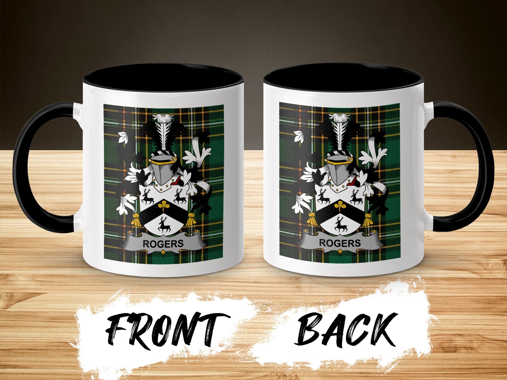 Rogers family crest on black and white mug, front and back views.