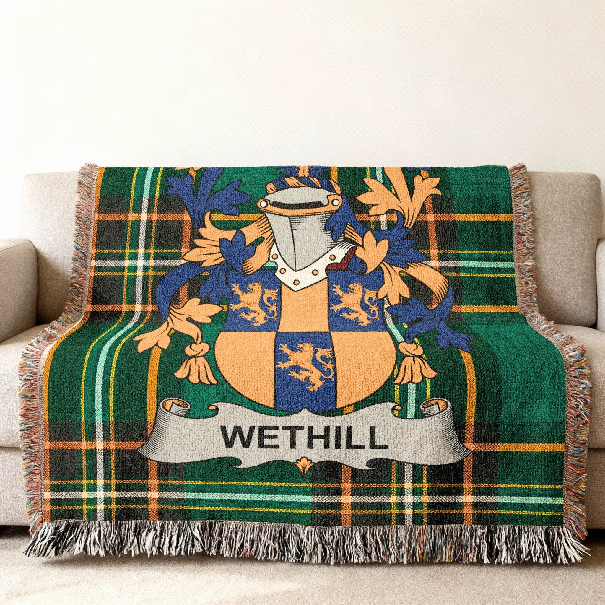 Wethill family crest woven throw blanket with plaid pattern.