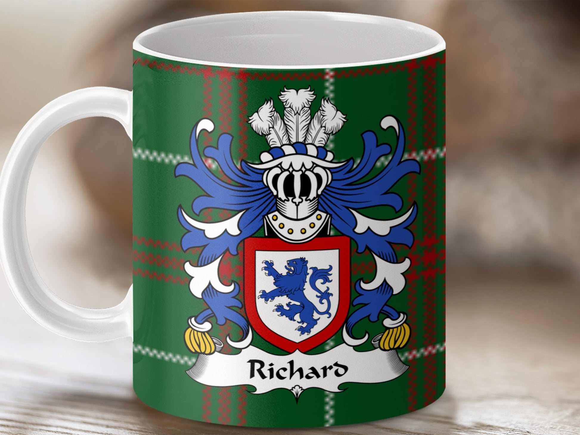 Richard Welsh Surname Coat of Arms Tartan Background Mug - Living Stone Gifts