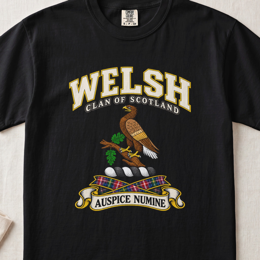 Welsh Scottish clan T-shirt in Black, front view with a brown eagle perched on a leafy branch and motto banner.