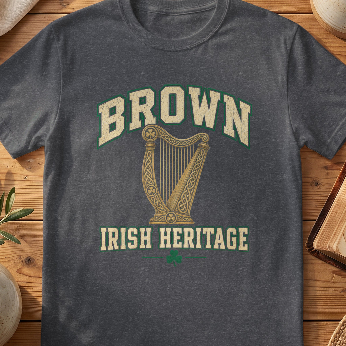 Brown Irish Heritage dark heather gray Gildan 64000 T-shirt with Celtic harp design
