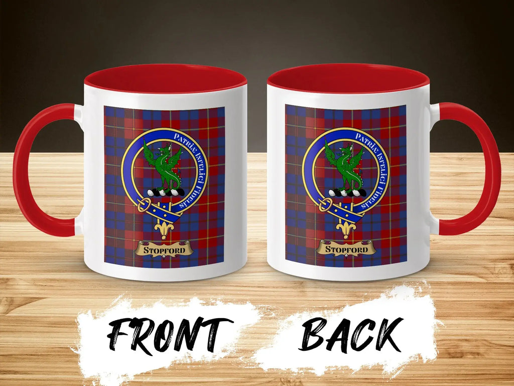 Stopford tartan-background crest mug shown as a heritage gift