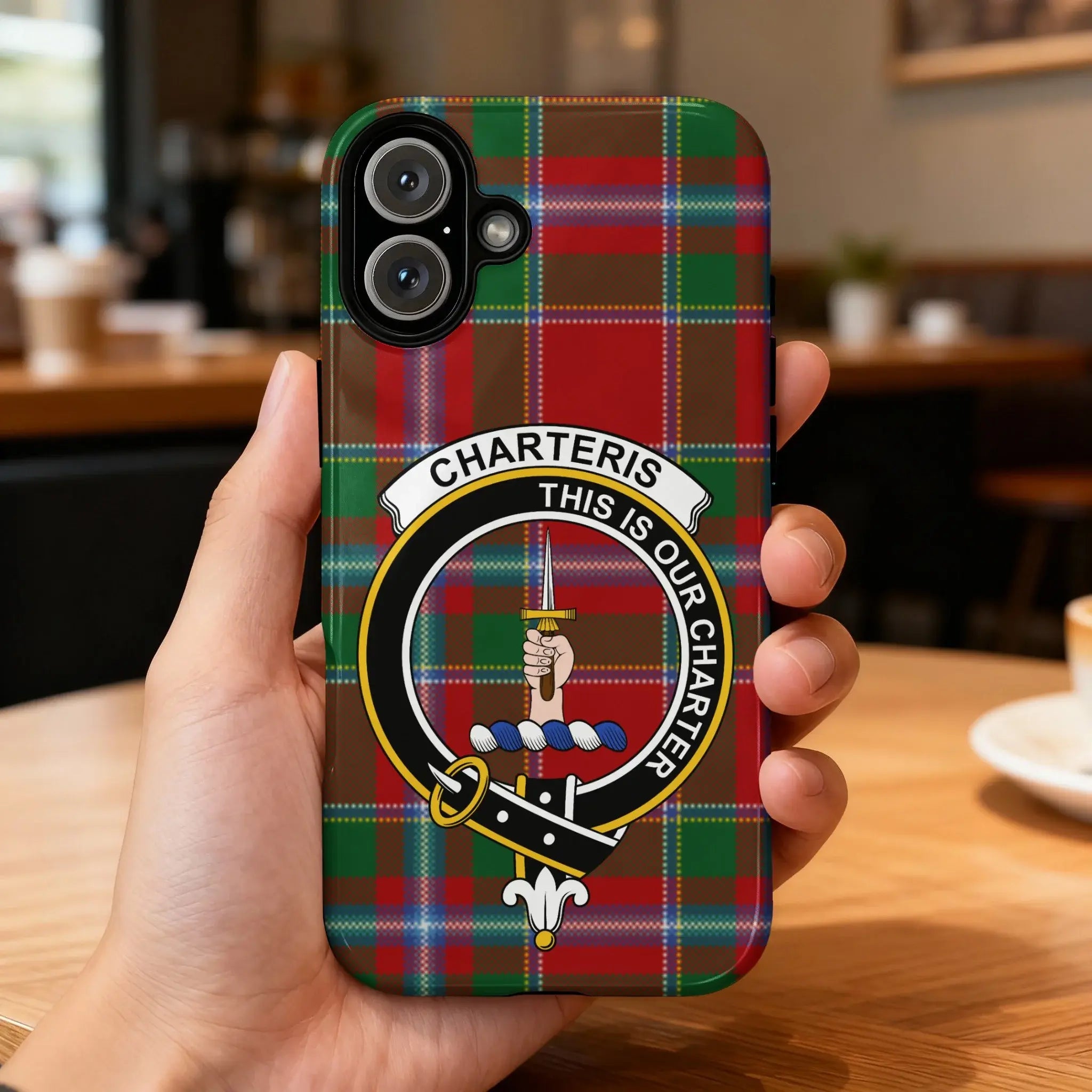 Custom Charteris Clan Tartan iPhone Case with Crest