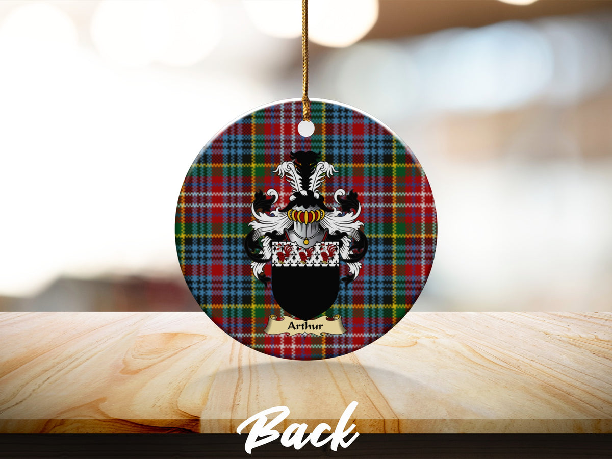 Round Arthur Scottish clan ornament with family crest on a Caledonia tartan background