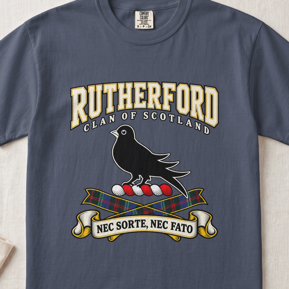 Rutherford Scottish clan graphic T-shirt in Midnight, front view