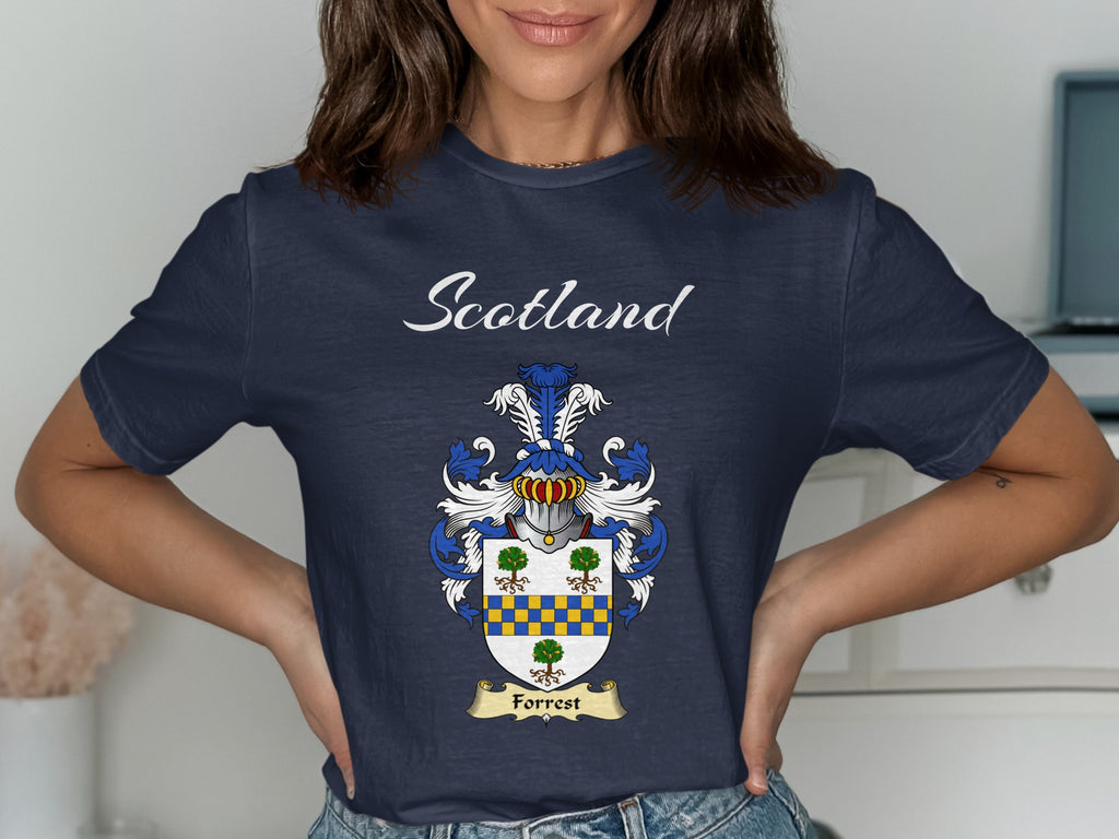 Forrest Scottish family shield design on Navy T-shirt