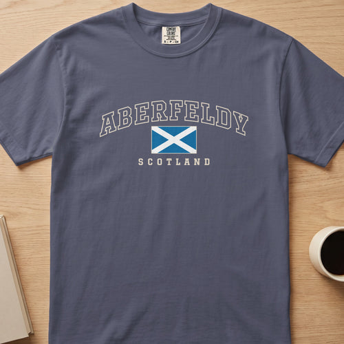 Denim Comfort Colors T-shirt laid flat with Aberfeldy, Scotland lettering and a blue-and-white Saltire