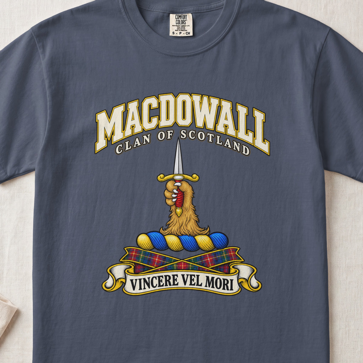 MacDowall Scottish clan T-shirt in Midnight, front view with a golden paw holding an upright dagger and motto banner.
