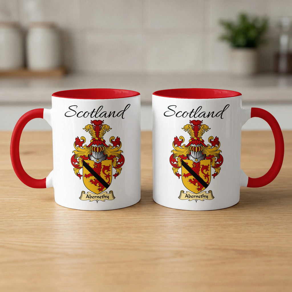 Abernethy 11 oz Scottish family crest ceramic mug with a Scotland-topped heraldic emblem