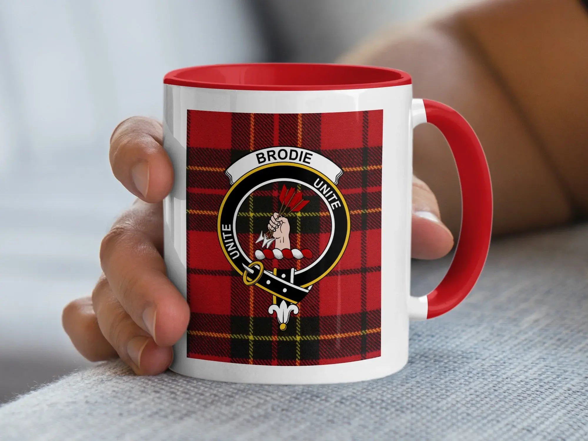 Brodie unite clan plaid design coffee mug — navy handle, glossy ceramic