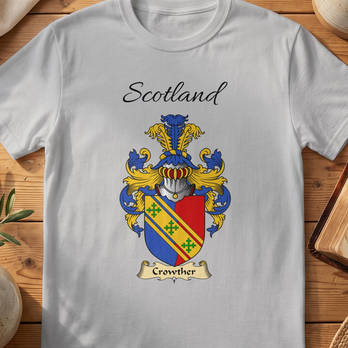 Sport Grey Crowther Scottish family shield T-shirt featuring a gold diagonal band across red and blue