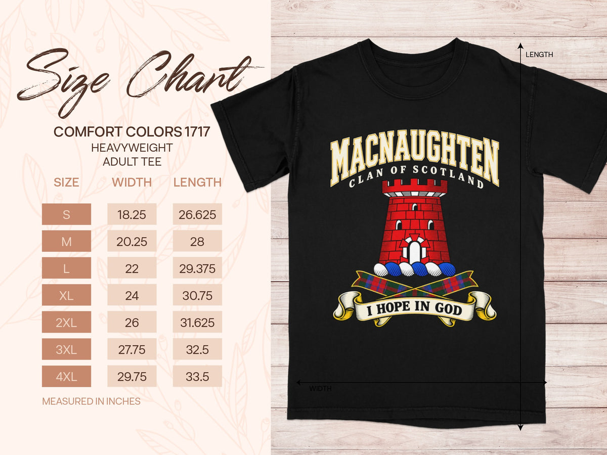 MacNaughten Comfort Colors 1717 T-shirt size chart with black shirt illustration