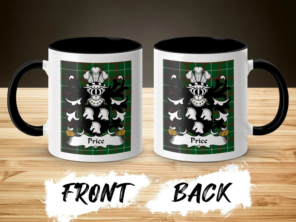 Price Welsh surname coffee mug showing two views with coat of arms on green tartan