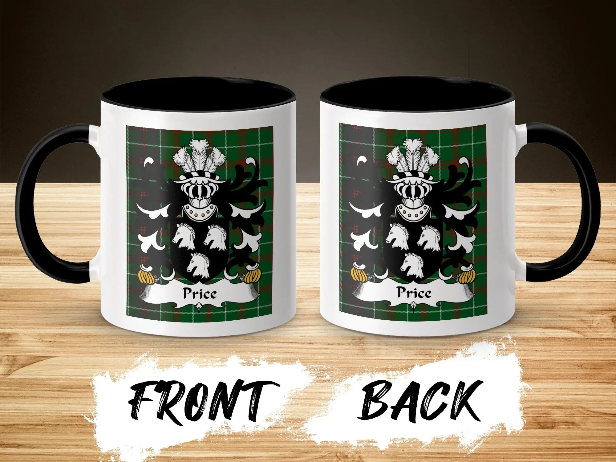 Price Welsh surname coffee mug showing two views with coat of arms on green tartan