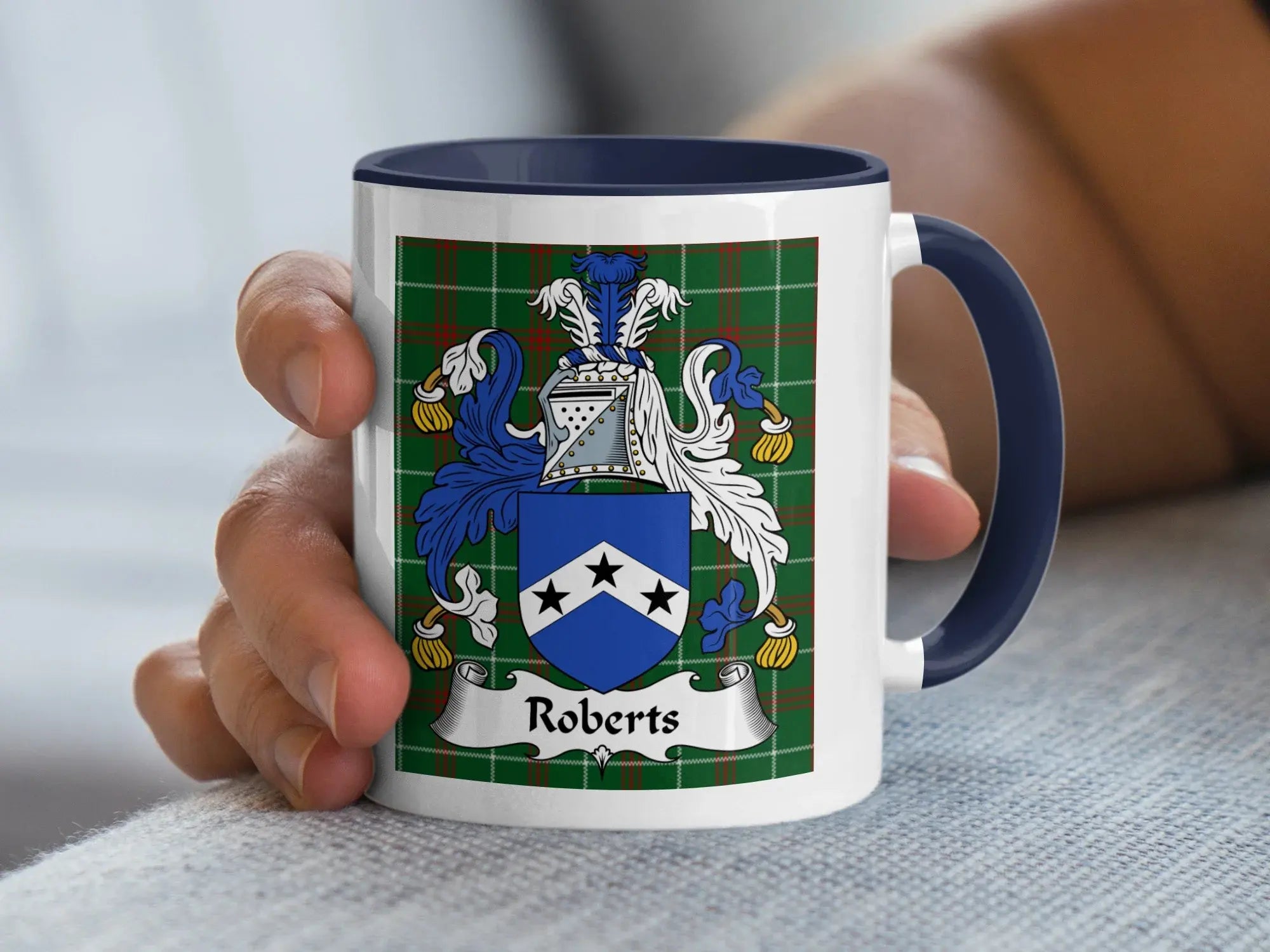 Roberts Welsh family crest mug with navy accent and coat of arms on tartan