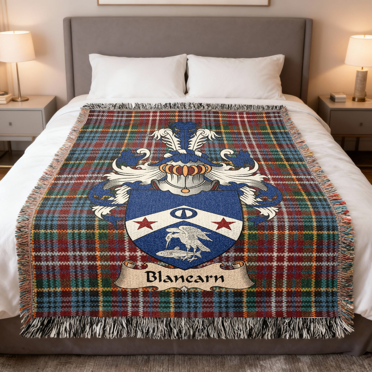 Blanearn family crest emblem on a Caledonia tartan woven blanket