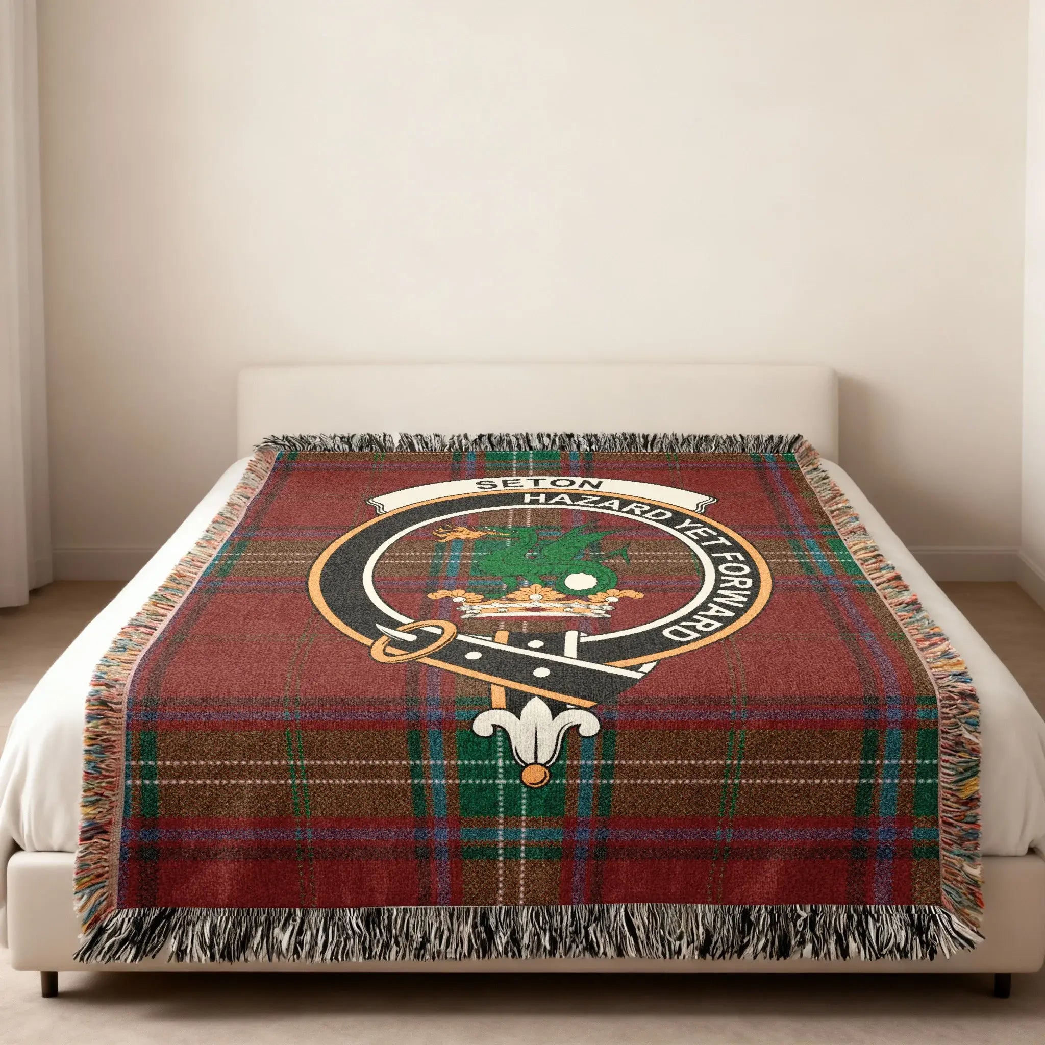 Seton Hazard Yet Forward dragon crest tartan woven blanket — crest and pattern woven in