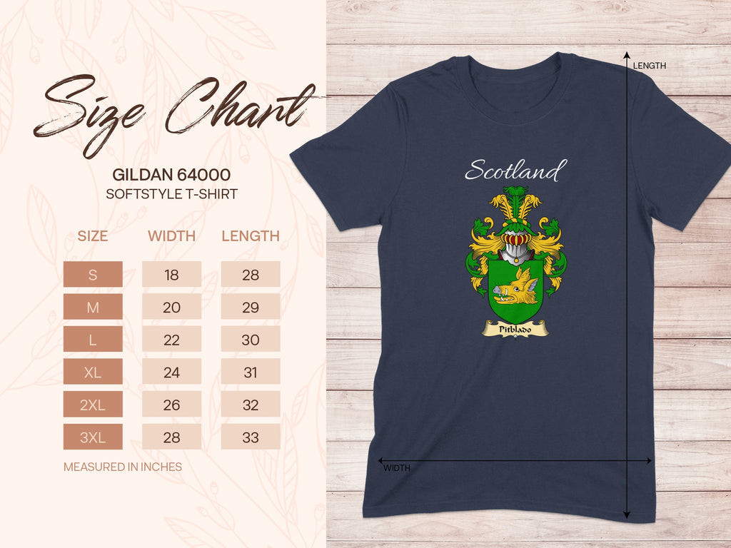 Gildan 64000 size chart for the Pitblado Scottish family crest T-shirt, covering sizes S–3XL.