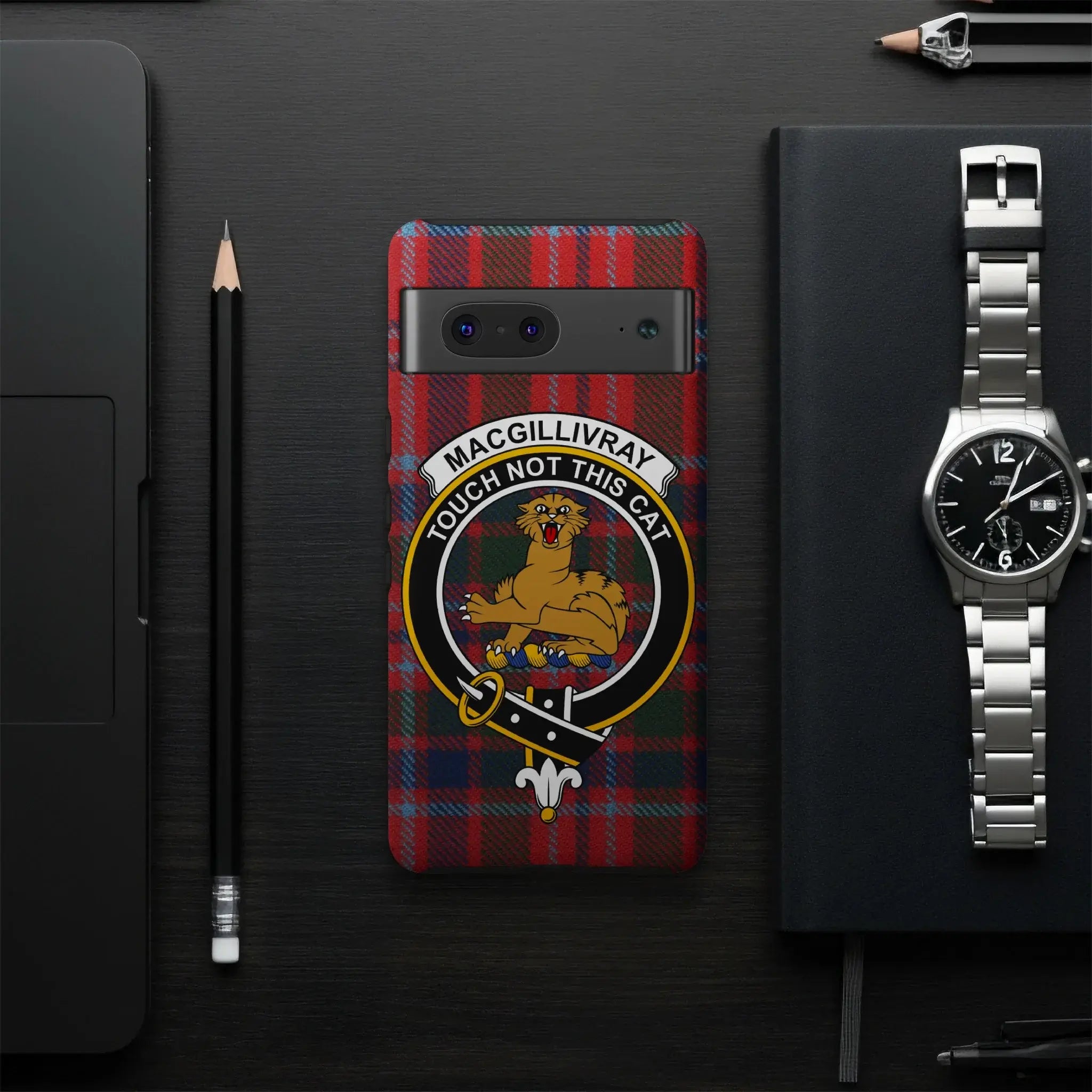 MacGillivray Touch Not the Cat clan crest phone case — slim glossy UV-resistant protective wrap