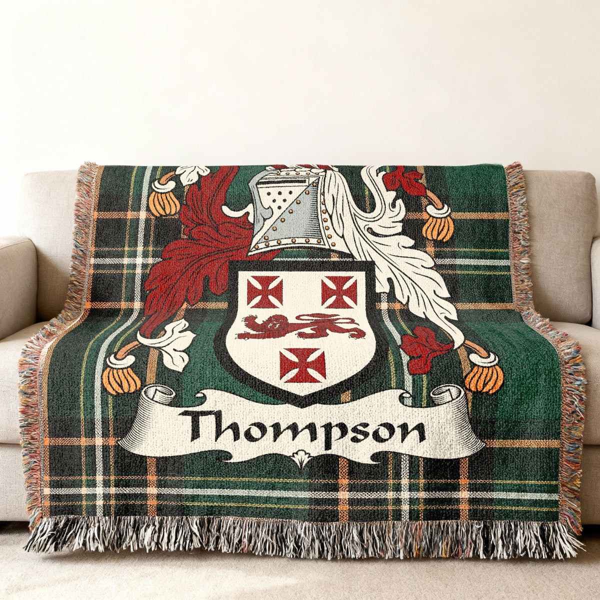 Thompson surname cotton woven throw with Irish tartan-style background