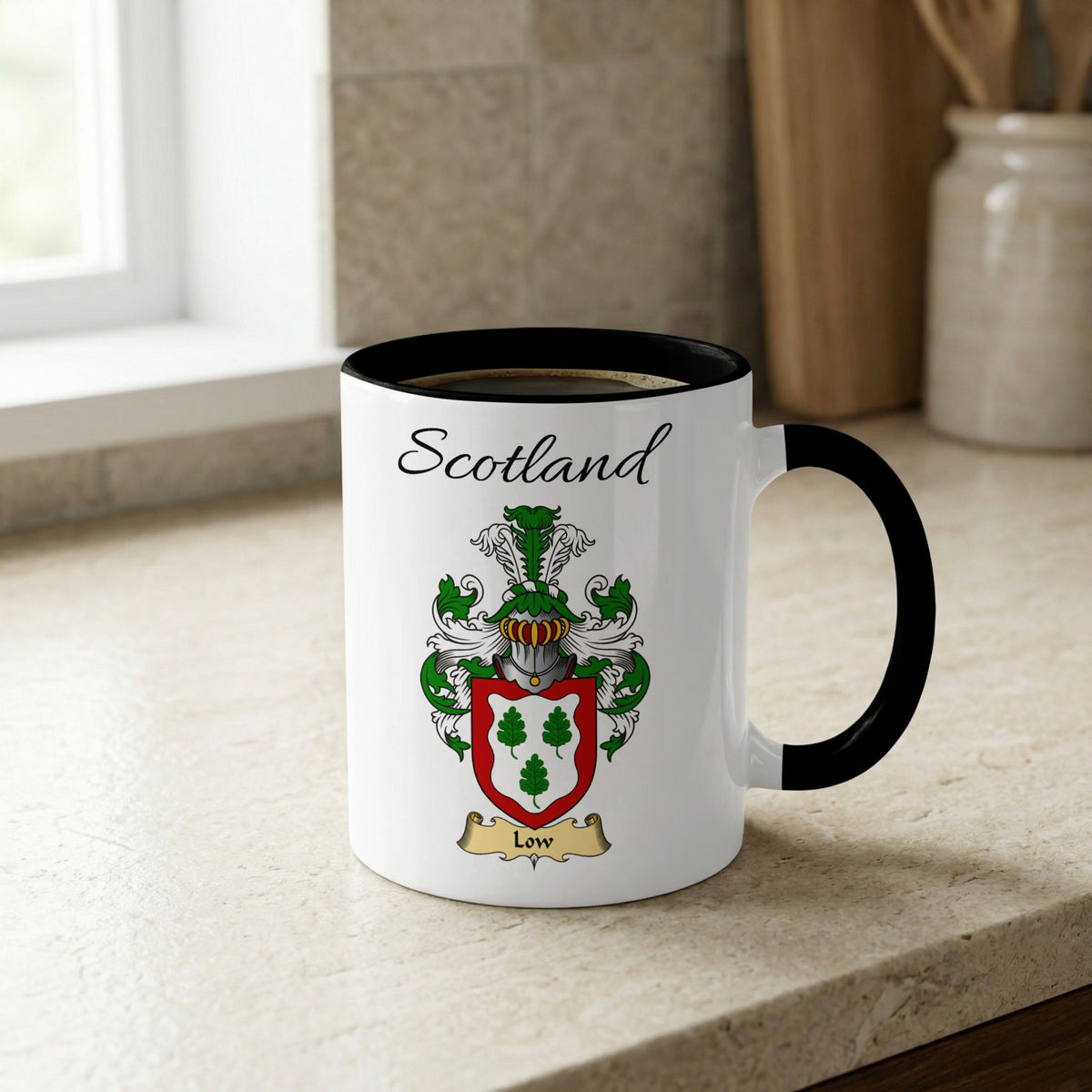 Low Scottish family crest accent mug with Scotland lettering and coat of arms artwork