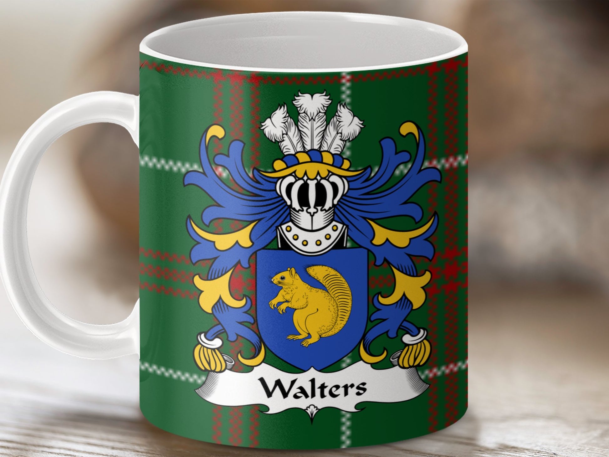 Walters Welsh Surname Coat of Arms Tartan Background Mug - Living Stone Gifts