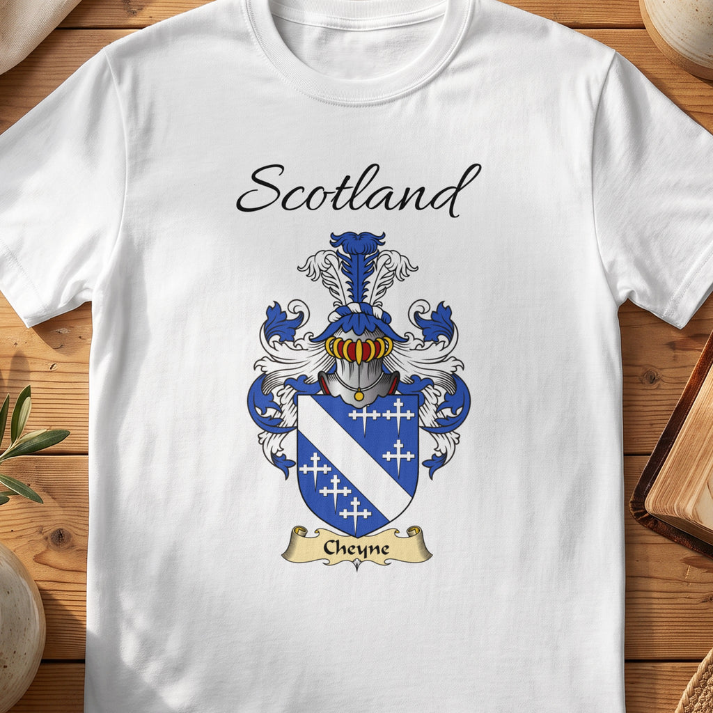 White Cheyne Scottish family shield T-shirt featuring a white diagonal band and small crosses on blue