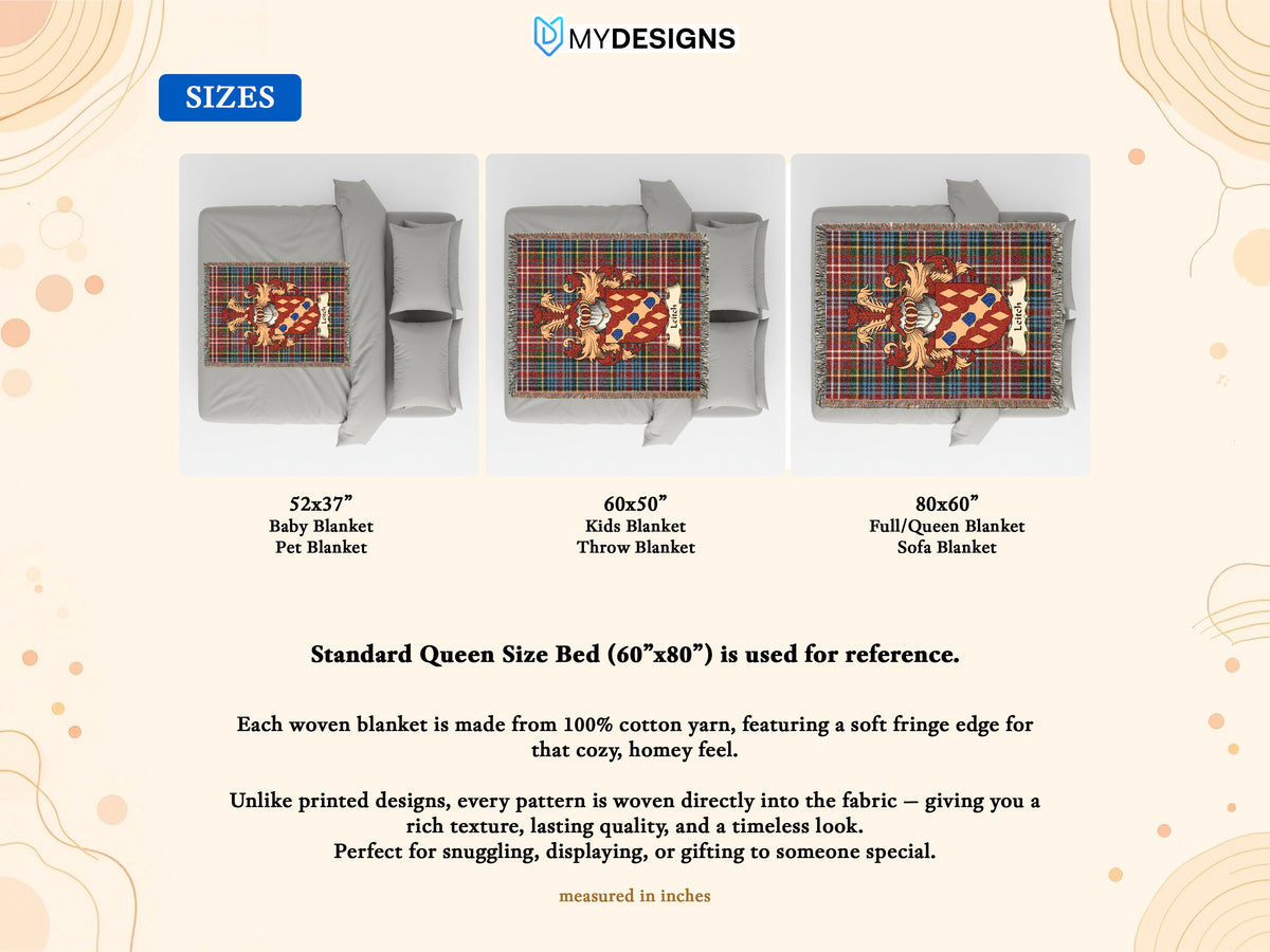 Size guide for Leitch Scottish family shield woven blanket on a Caledonia tartan background