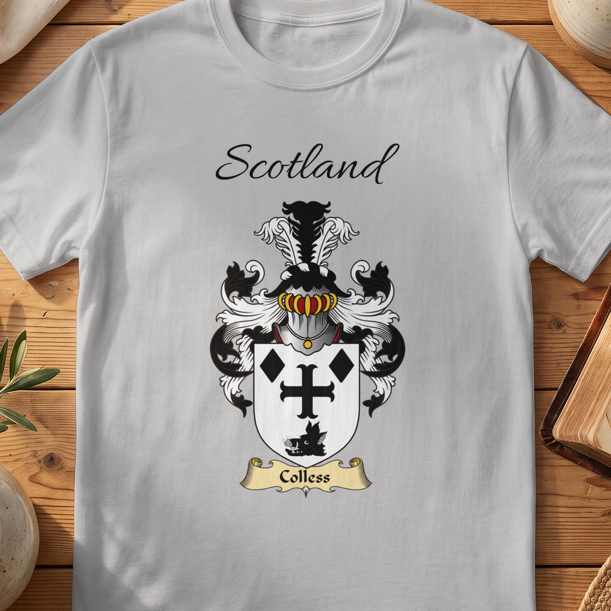Sport Grey Colless Scottish family shield T-shirt featuring a black cross and diamond motifs on white