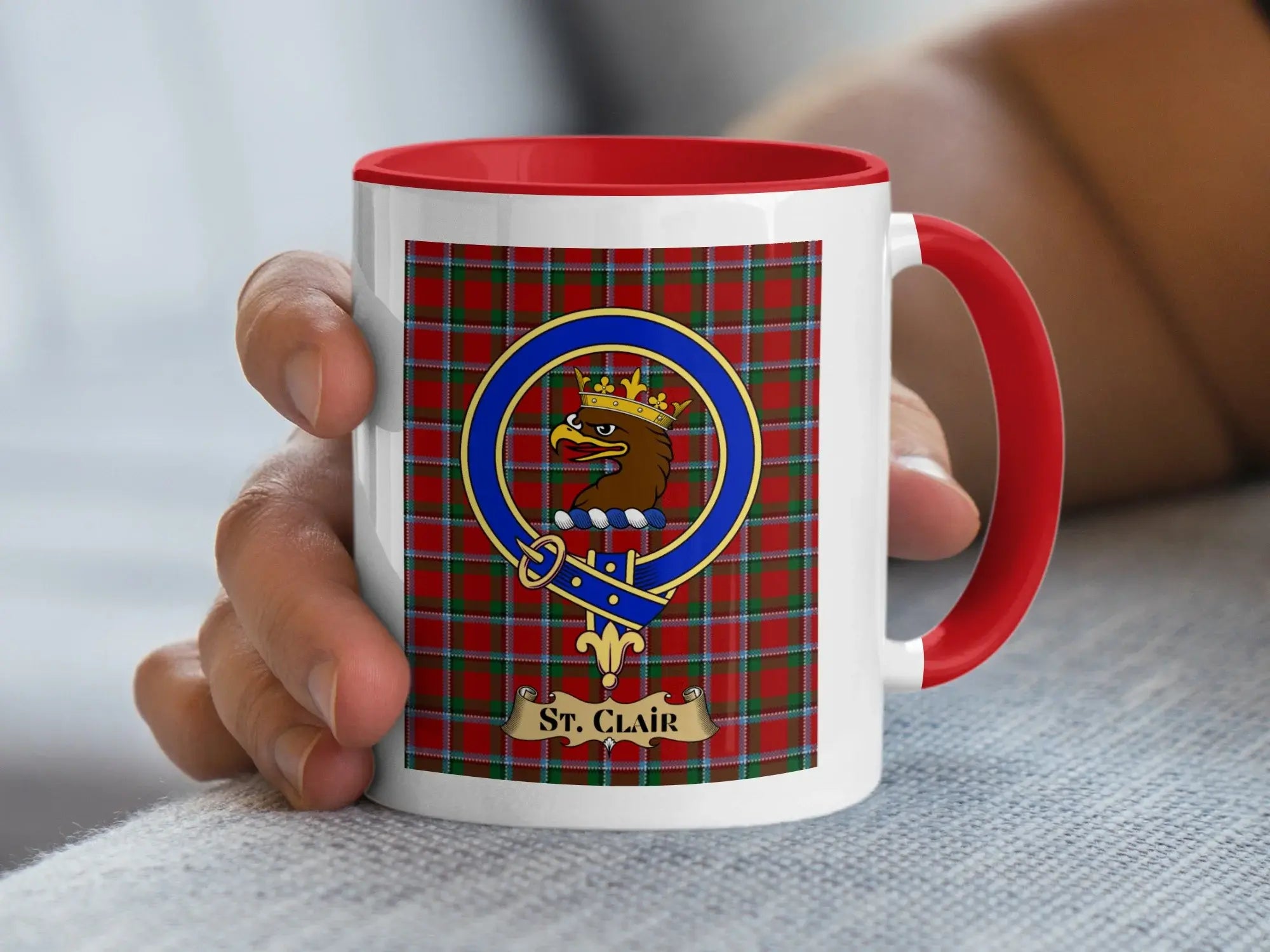 St. Clair Clan Crest Mug with Red Tartan Background