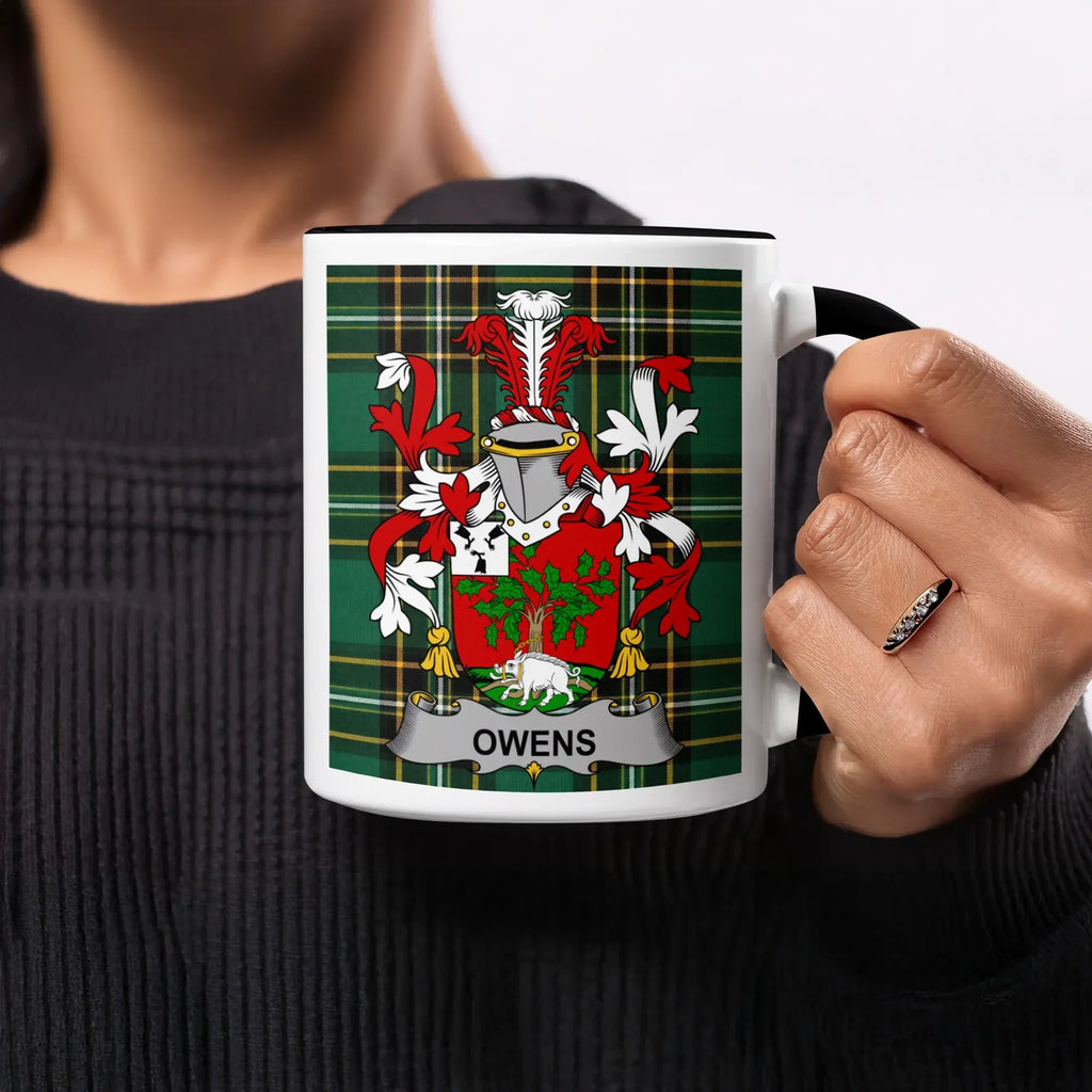 Owens black accent mug featuring Irish National Tartan and family crest