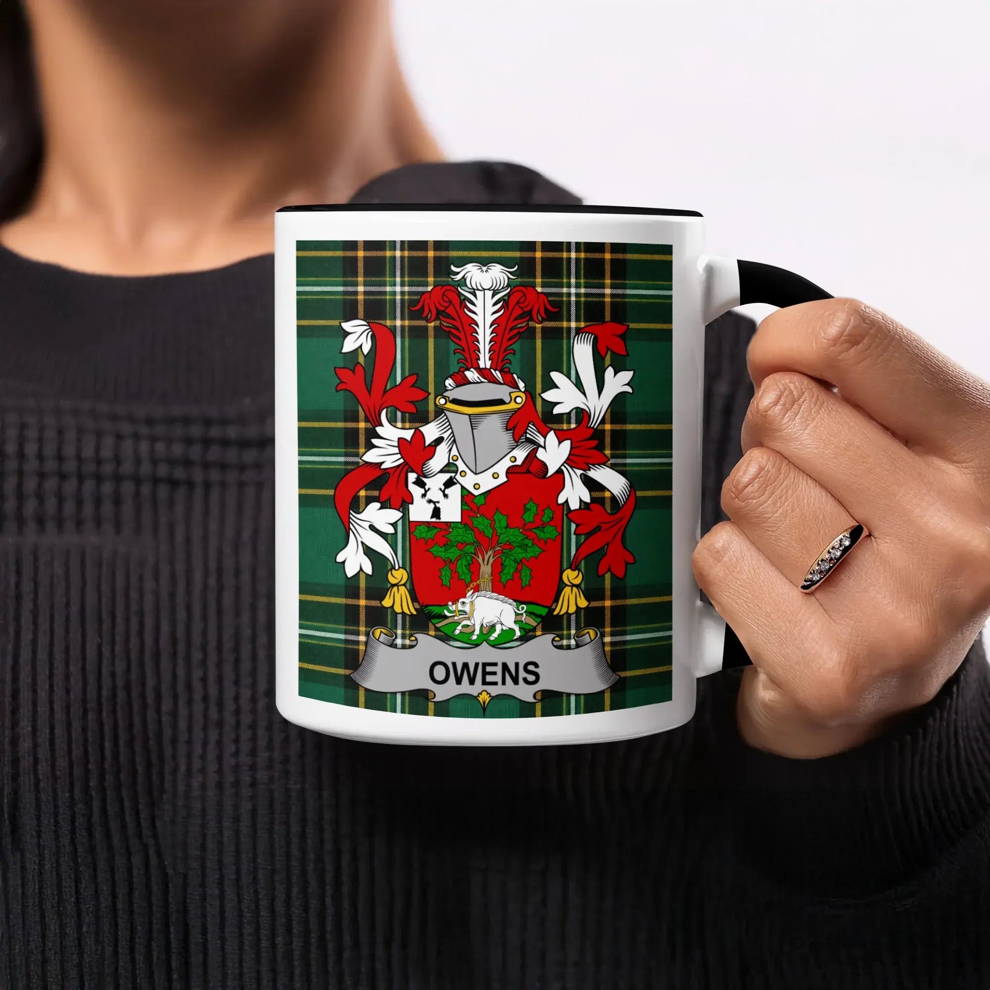 Owens black accent mug featuring Irish National Tartan and family crest