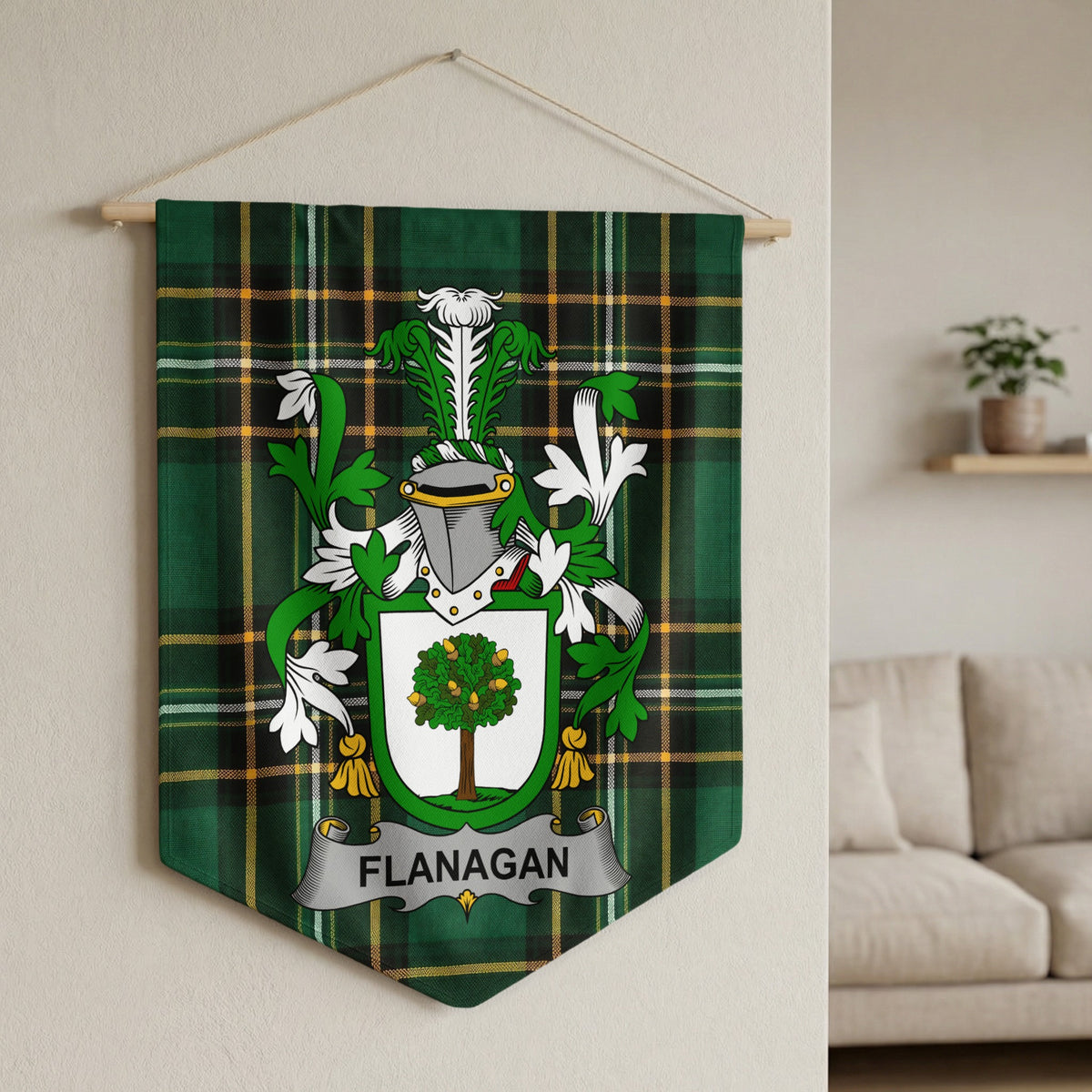 Flanagan family crest on green plaid banner hanging on wall.
