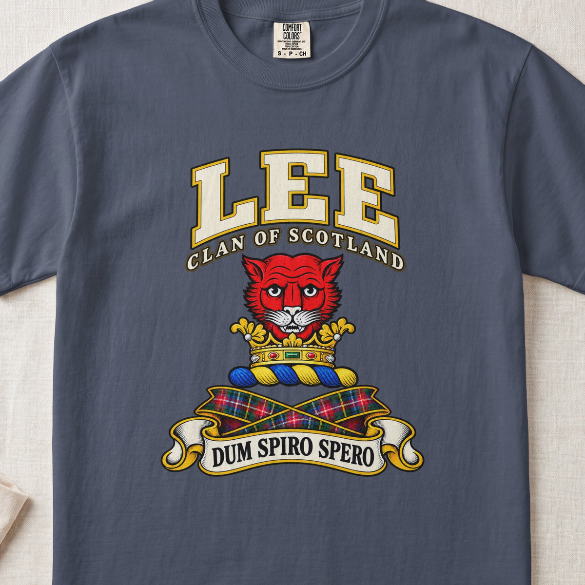 Lee Scottish clan T-shirt in Midnight, front view with a red cat head above a gold crown and motto banner.