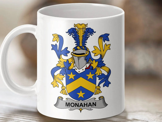 Monahan Family Crest Coat of Arms Design Mug - Celtic Ancestry Gifts