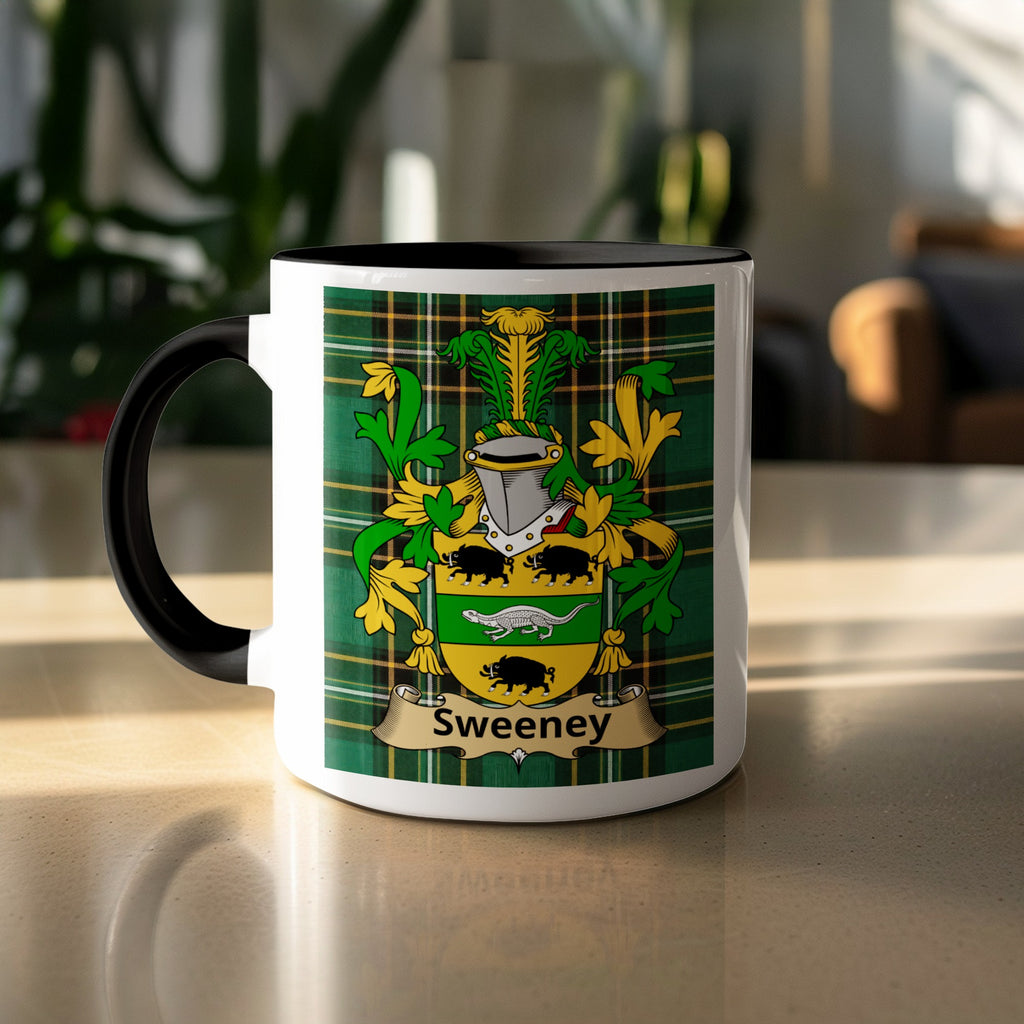 Sweeney family crest and name banner on Irish National Tartan mug