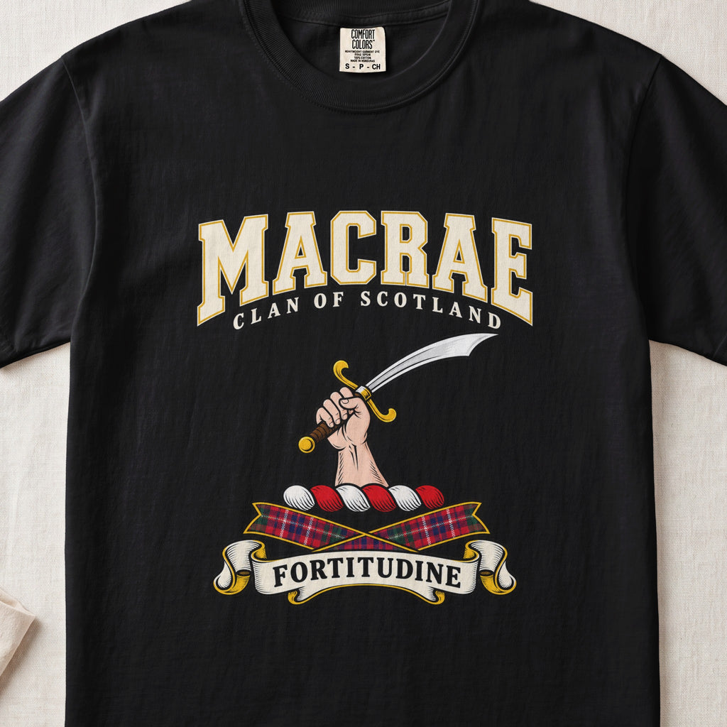 MacRae graphic T-shirt in Black, front flat lay showing varsity lettering and hand and forearm holding a curved silver sword with a gold hilt.