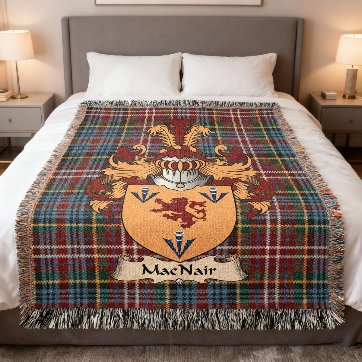 MacNair Caledonia tartan heritage woven throw blanket with family shield