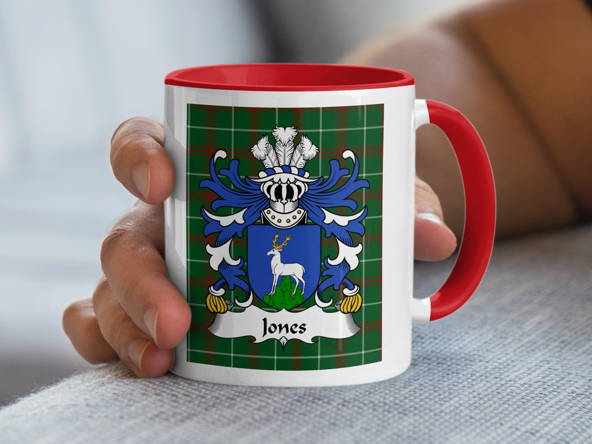 Jones Welsh family crest mug on Welsh National Tartan