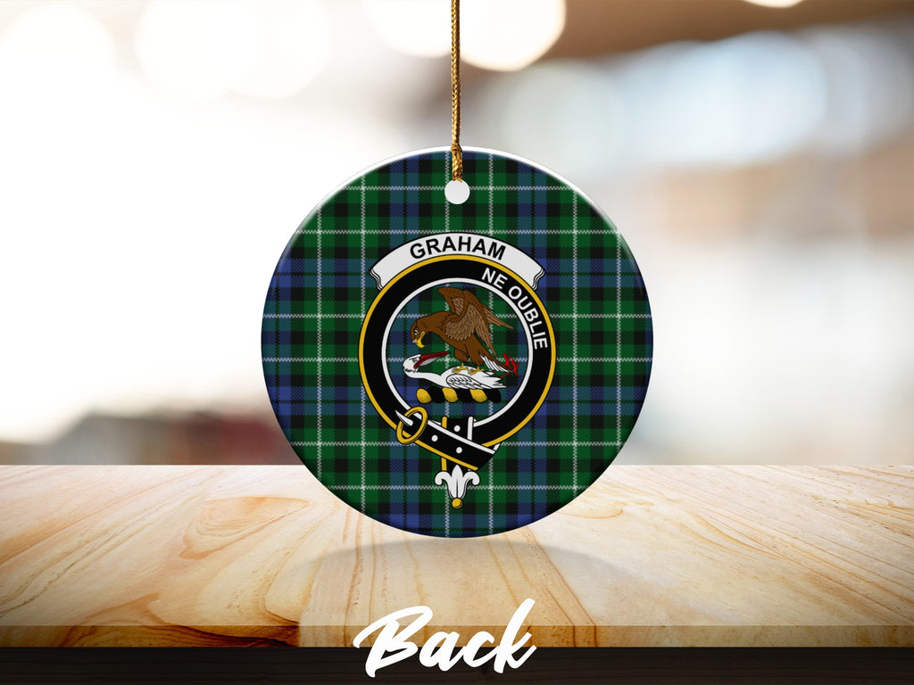Graham crest with eagle and motto on round tartan ceramic ornament